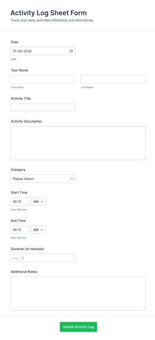 Activity Log Sheet Form Template