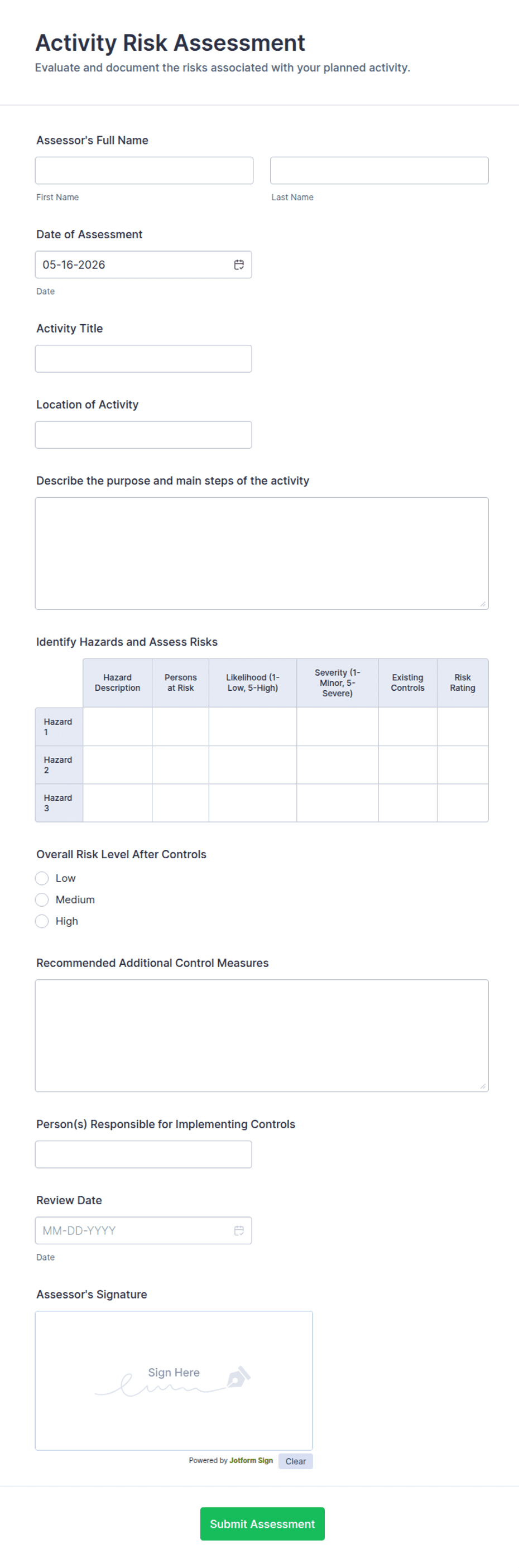High Risk Activities Form Example Activity Risk Assessment Form Template | Jotform