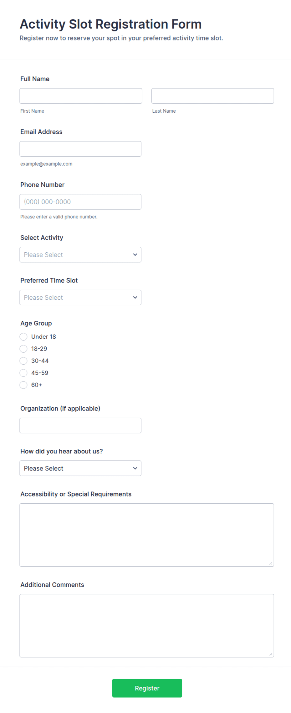 Activity Slot Registration Form Template | Jotform