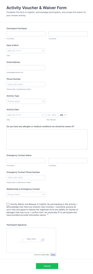 Activity Voucher & Waiver Form Template