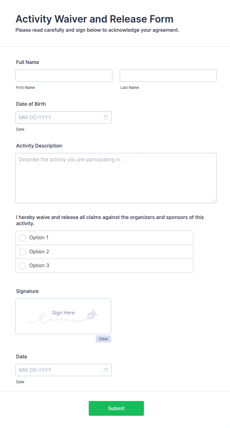 Activity Waiver and Release Form Template Jotform