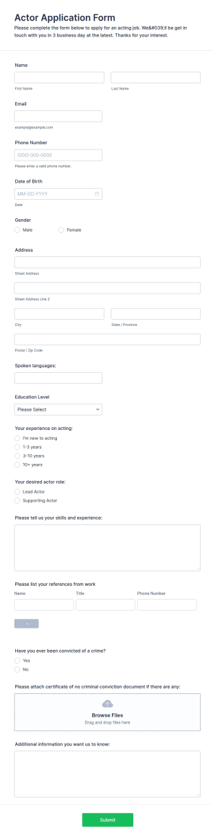 Actor Application Form Template