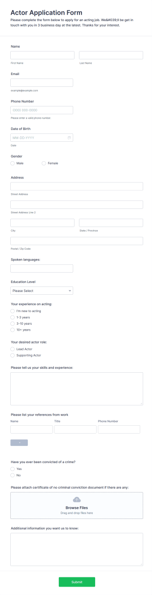 Actor Application Form Template