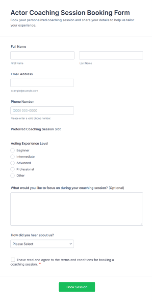 Actor Coaching Session Booking Form Template