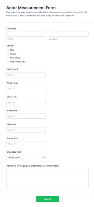 Actor Measurement Form Template