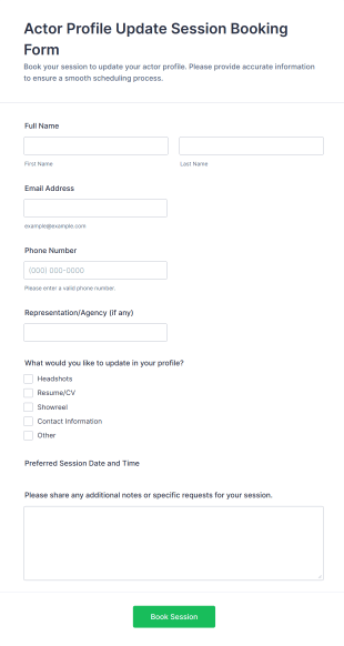 Actor Profile Update Session Booking Form Template