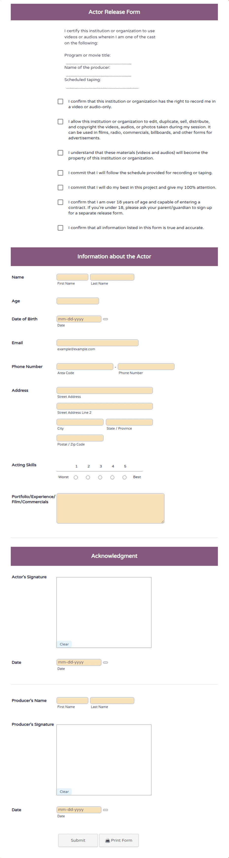 Actor Identification Form Actor Release Form Template | Jotform