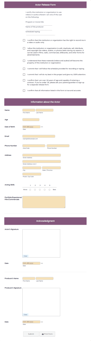 Actor Release Form Template