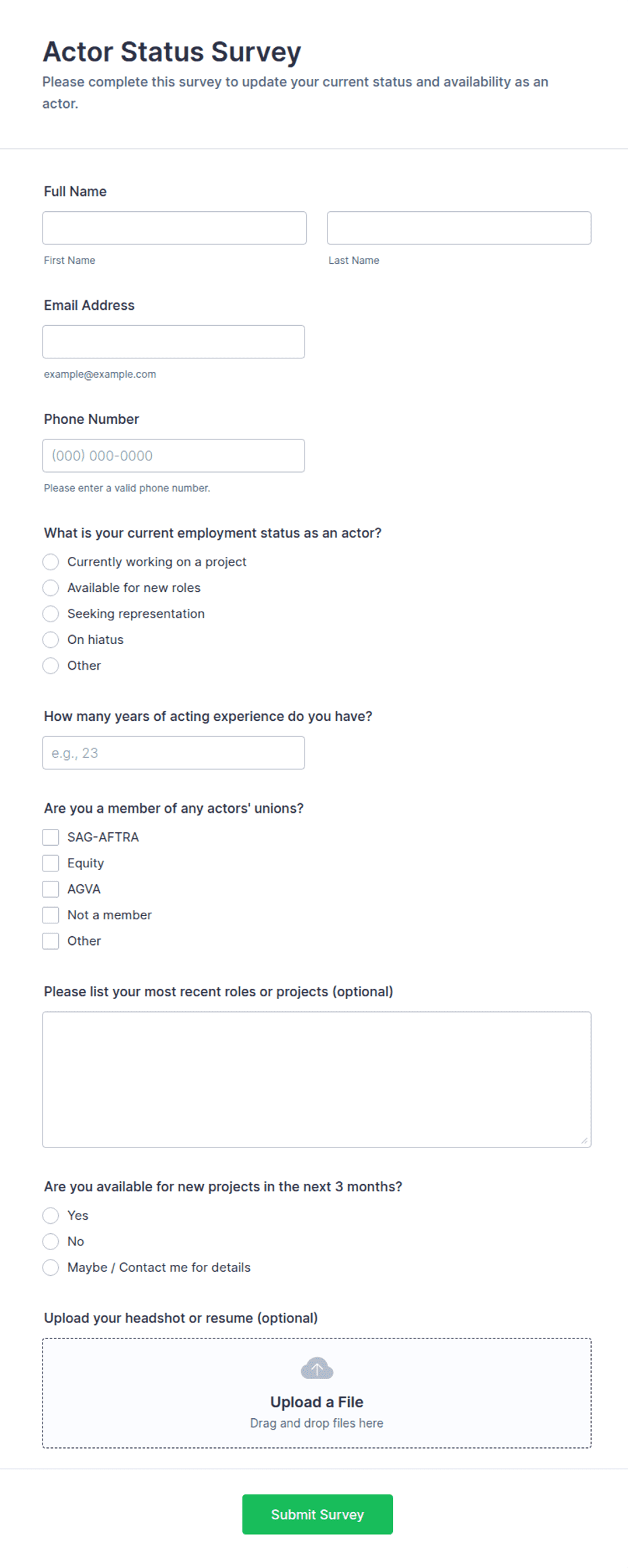 Actor Status Survey Form Template | Jotform