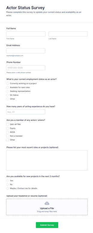 Actor Status Survey Form Template
