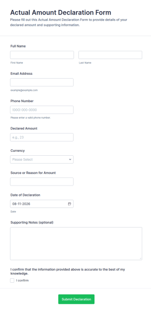 Actual Amount Declaration Form Template