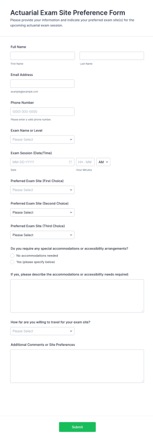Actuarial Exam Site Preference Form Template