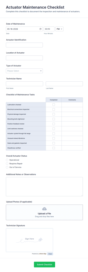 Actuator Maintenance Checklist Form Template