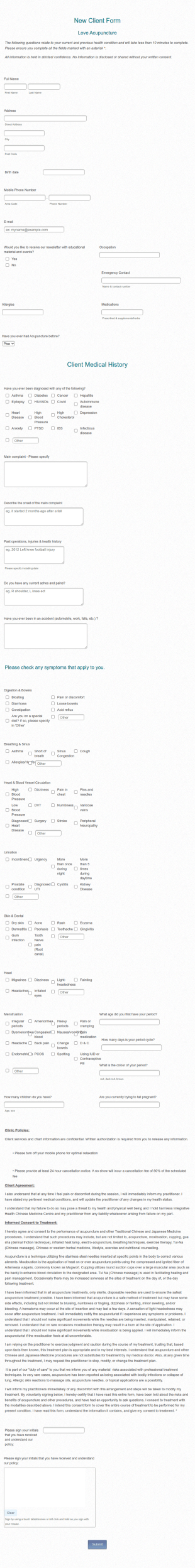 Acupuncture Basic New Client Form Template