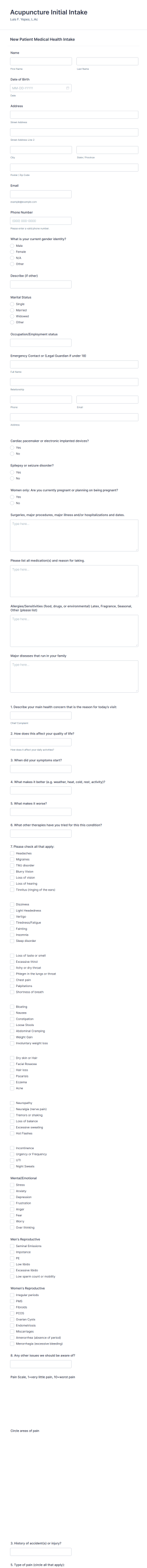 Acupuncture Intake Form Template