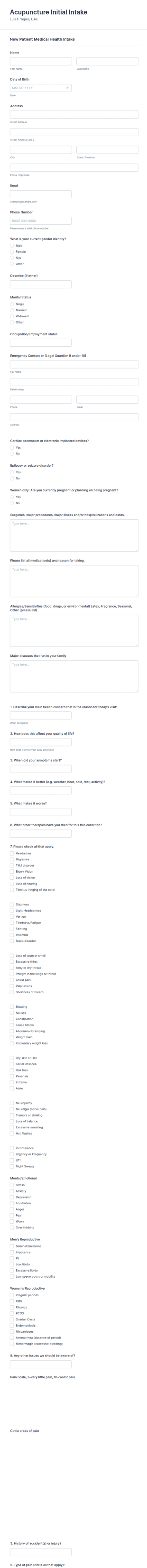 Acupuncture Intake Form Template