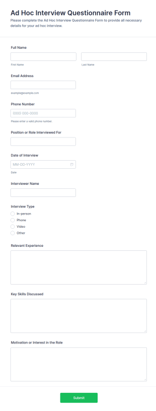 Ad Hoc Interview Questionnaire Form Template
