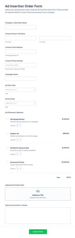 Ad Insertion Order Form Template