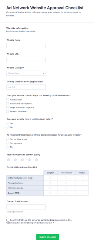 Ad Network Website Approval Checklist Form Template