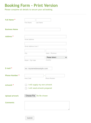 Ad Spot Booking Form Template
