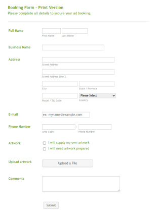 Ad Spot Booking Form Template