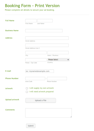 Ad Spot Booking Form Template