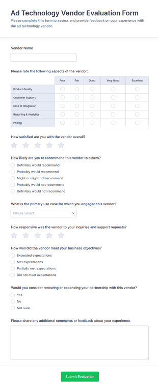 Ad Technology Vendor Evaluation Form Template