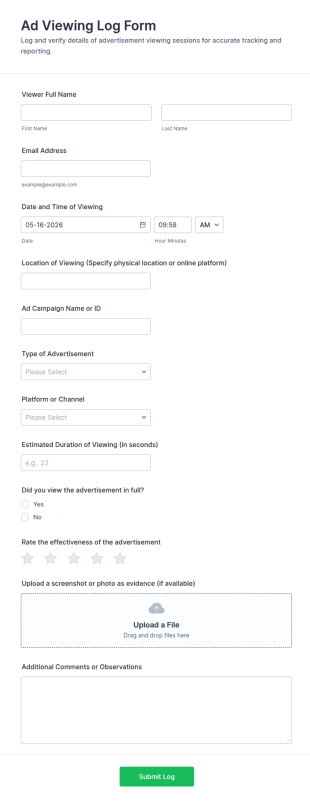 Ad Viewing Log Form Template
