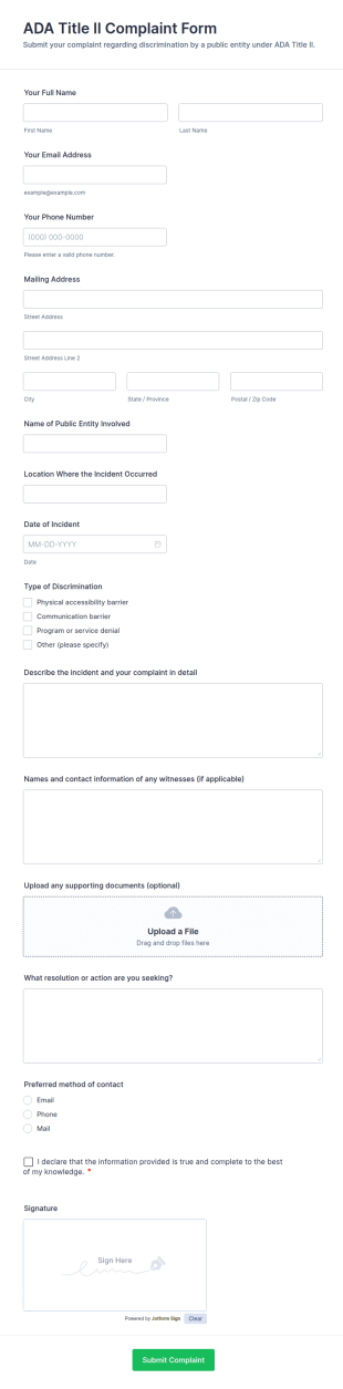 ADA Title II Complaint Form Template
