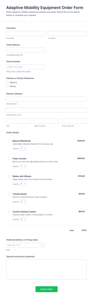 Adaptive Mobility Equipment Order Form Template
