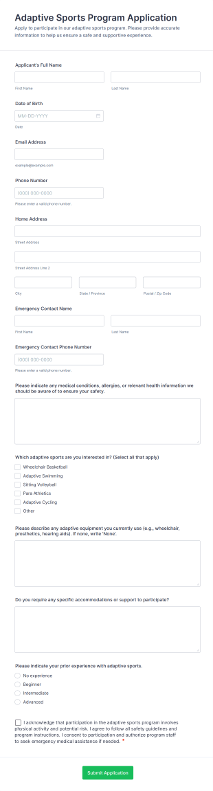 Adaptive Sports Program Application Form Template