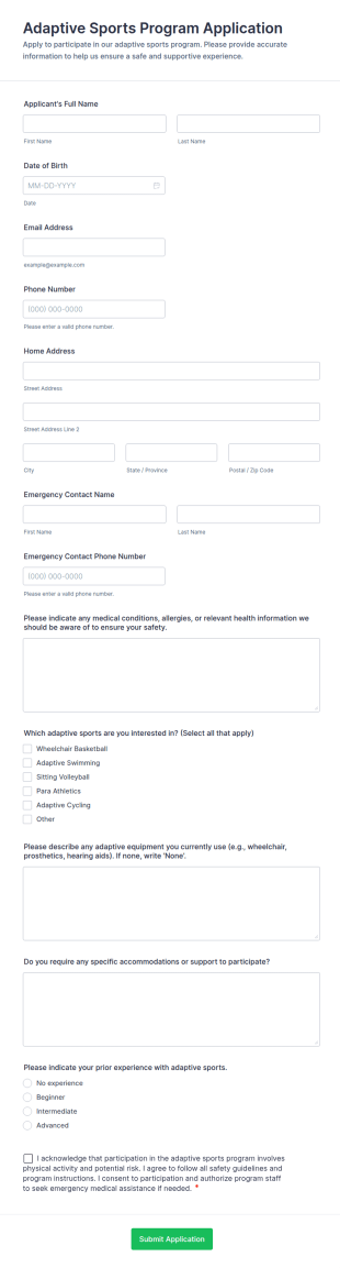 Adaptive Sports Program Application Form Template
