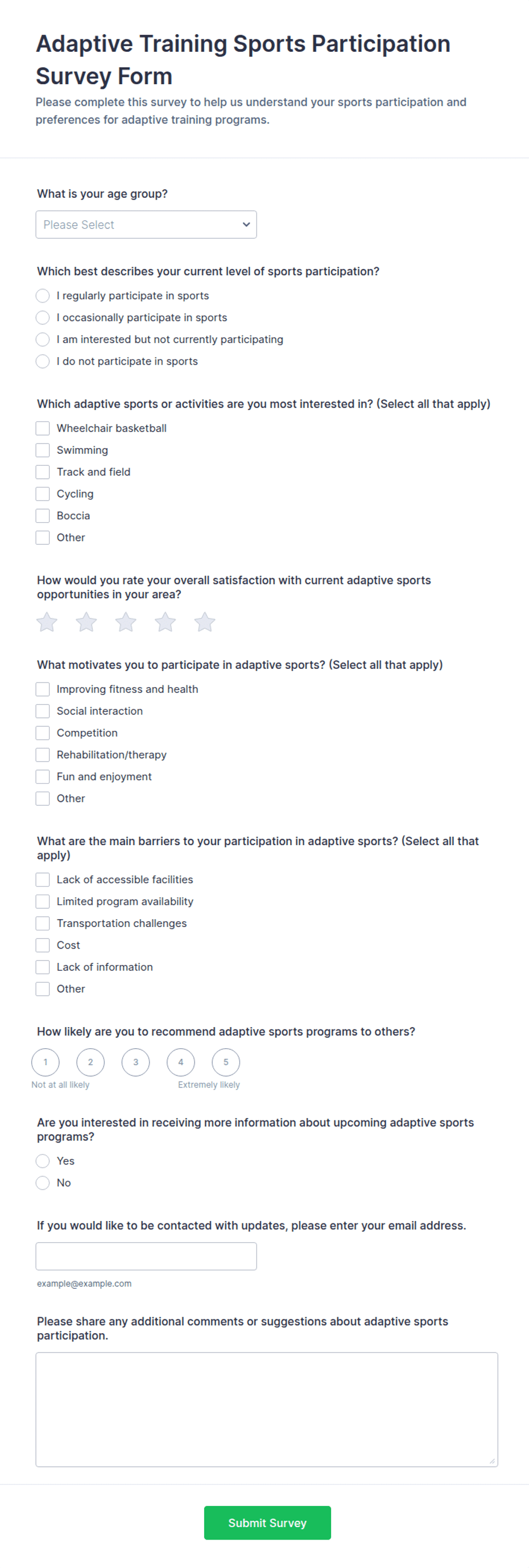 Adaptive Training Sports Participation Survey Form Template | Jotform
