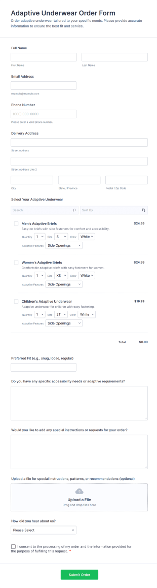 Adaptive Underwear Order Form Template