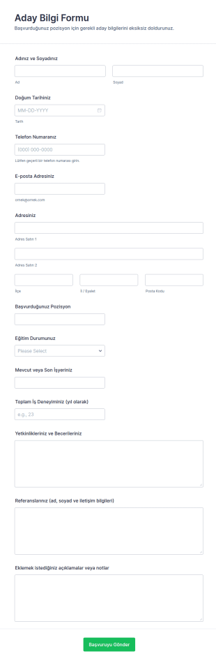 Aday Bilgi Form Şablonu