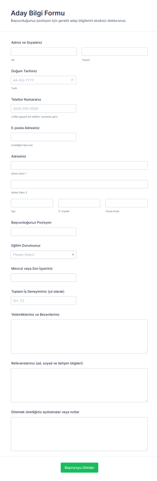 Aday Bilgi Form Şablonu