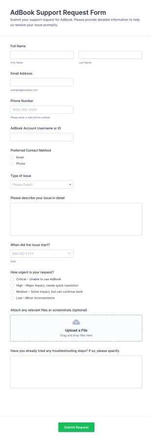 AdBook Support Request Form Template