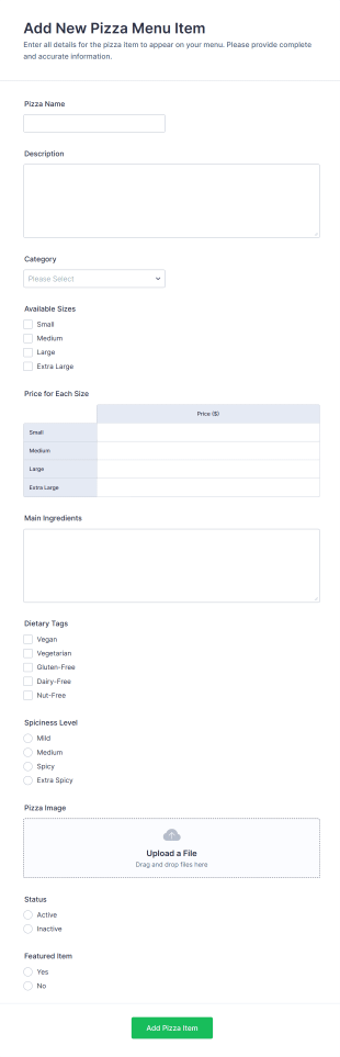 Add New Pizza Menu Item Form Template