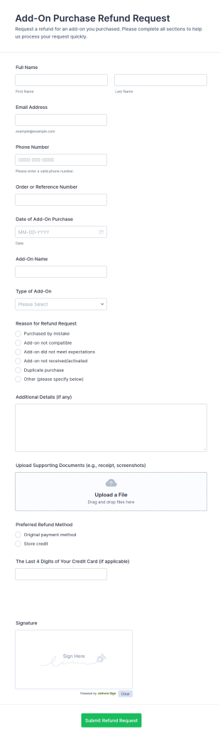 Add On Purchase Refund Request Form Template