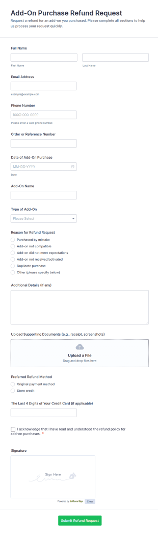 Add On Purchase Refund Request Form Template