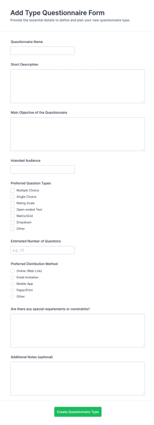 Add Type Questionnaire Form Template