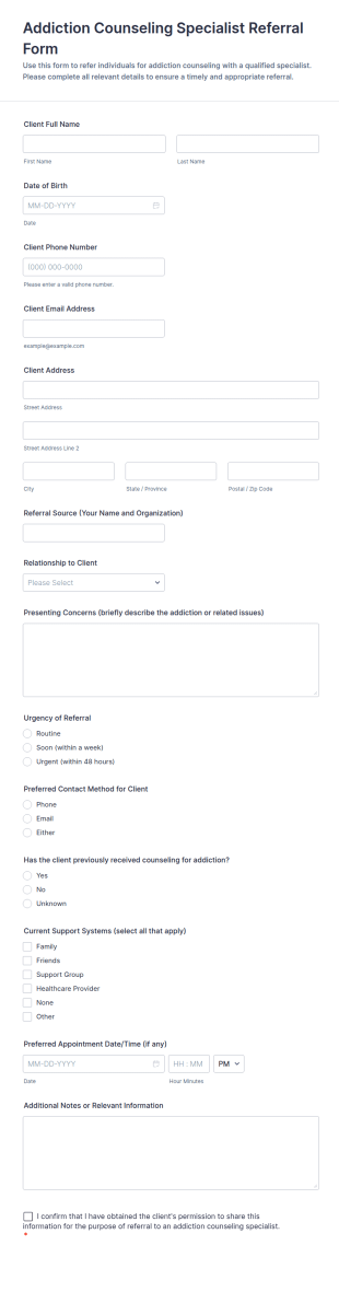 Addiction Counseling Specialist Referral Form Template