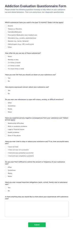 Addiction Evaluation Questionnaire Form Template