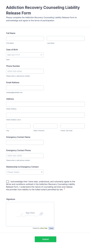 Addiction Recovery Counseling Liability Release Form Template