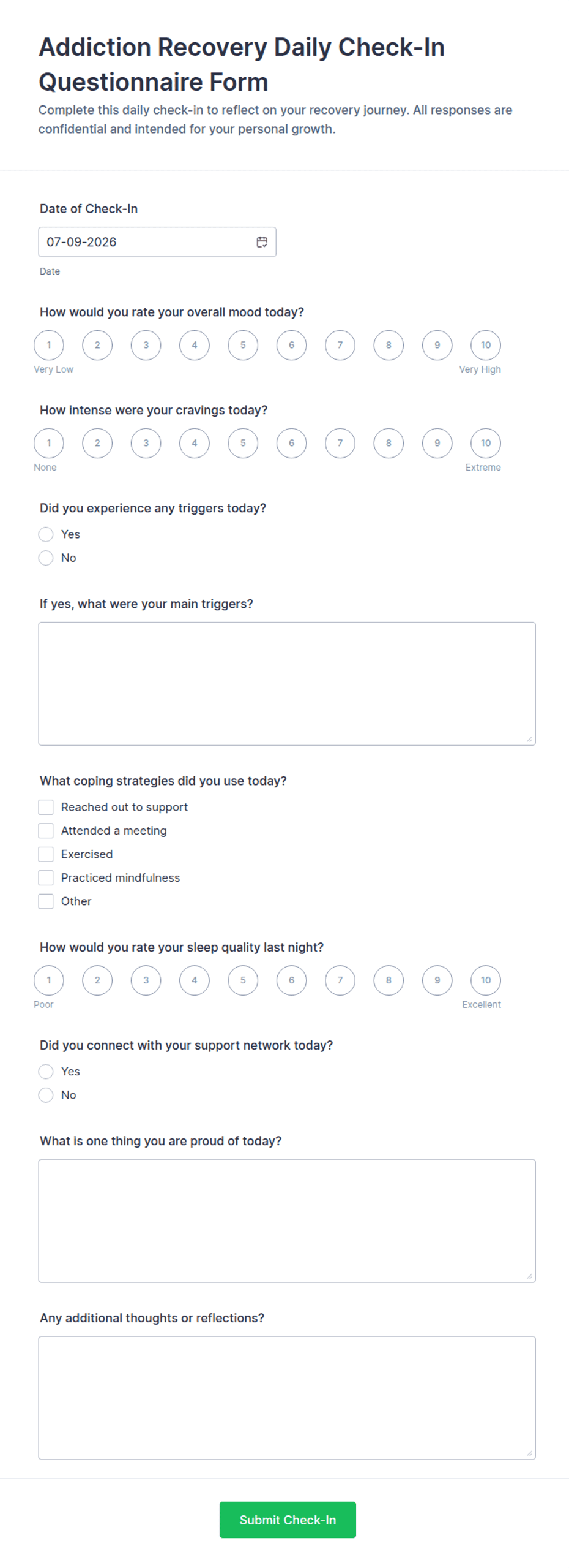 Addiction Recovery Daily Check-In Form Template | Jotform