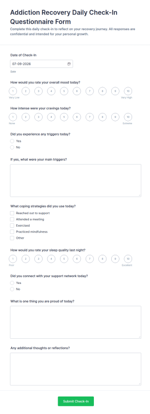 Addiction Recovery Daily Check In Form Template