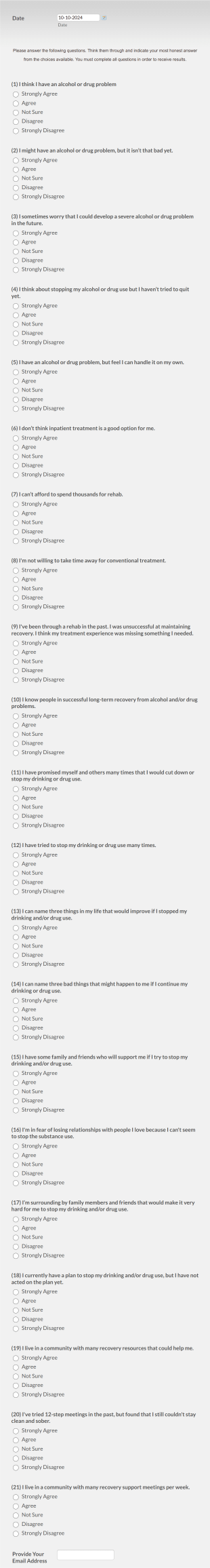 Addiction Recovery Quiz Form Template
