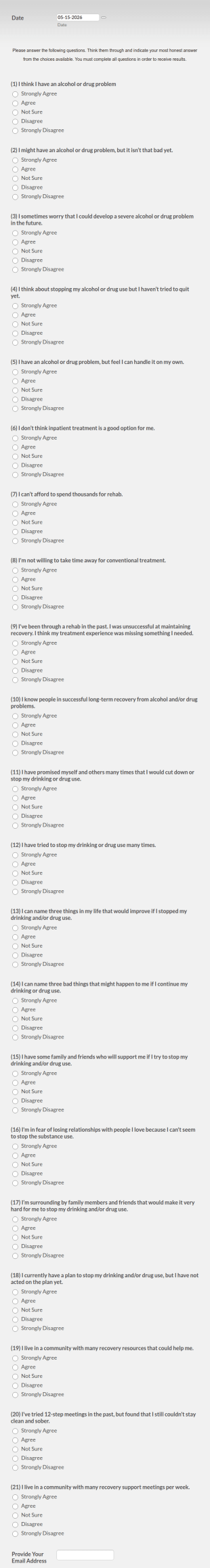 Addiction Recovery Quiz Form Template