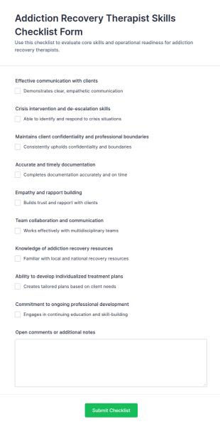 Addiction Recovery Therapist Skills Checklist Form Template
