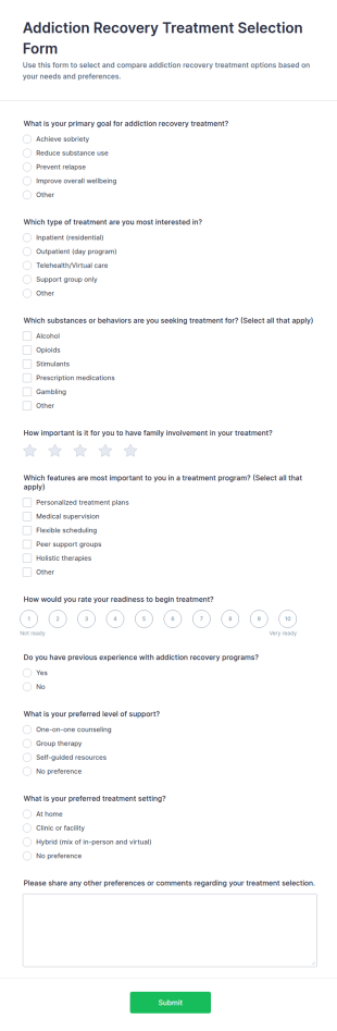 Addiction Recovery Treatment Selection Survey Form Template